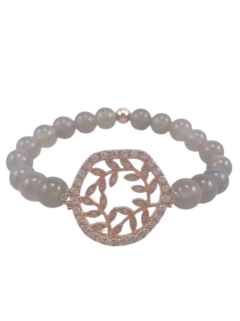 Gray Agate Bracelet | 8mm Beaded Stretch | Rose Gold Pavé Connector | Luxe